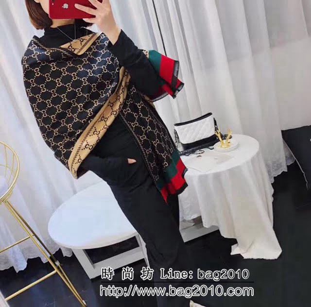 GUCCI古馳 冬季新款綠紅羊毛混紡條紋圍巾 可做披肩 LLWJ6487